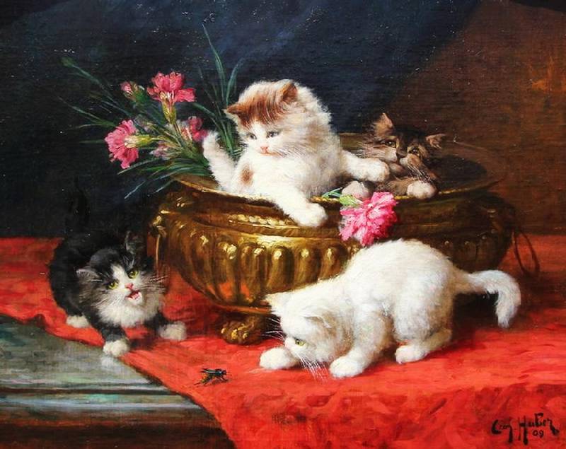 Французский художник Léon Charles Huber и его непоседливыe озорные котята